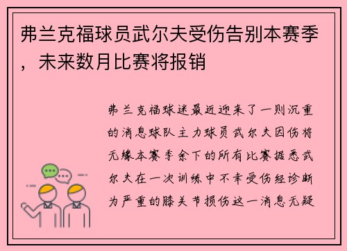 弗兰克福球员武尔夫受伤告别本赛季，未来数月比赛将报销